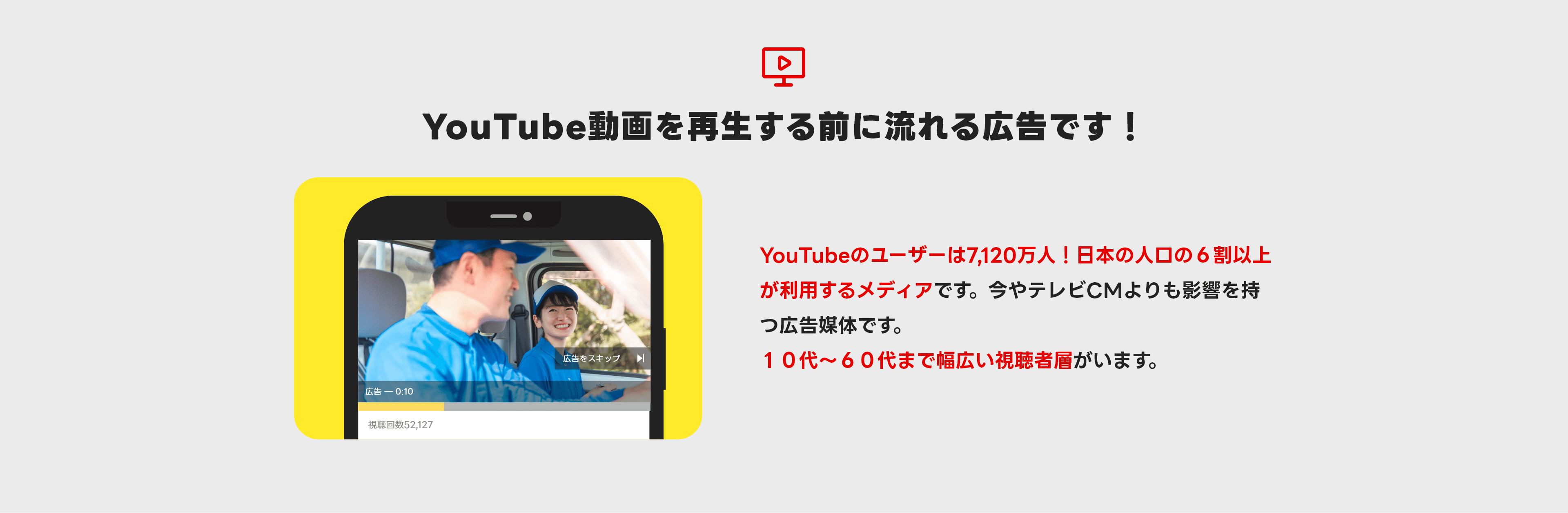 YouTube動画を再生する前に流れる広告です！YouTubeのユーザーは7,120万人！日本の人口の６割以上が利用するメディアです。今やテレビCMよりも影響を持つ広告媒体です。１０代～６０代まで幅広い視聴者層がいます。